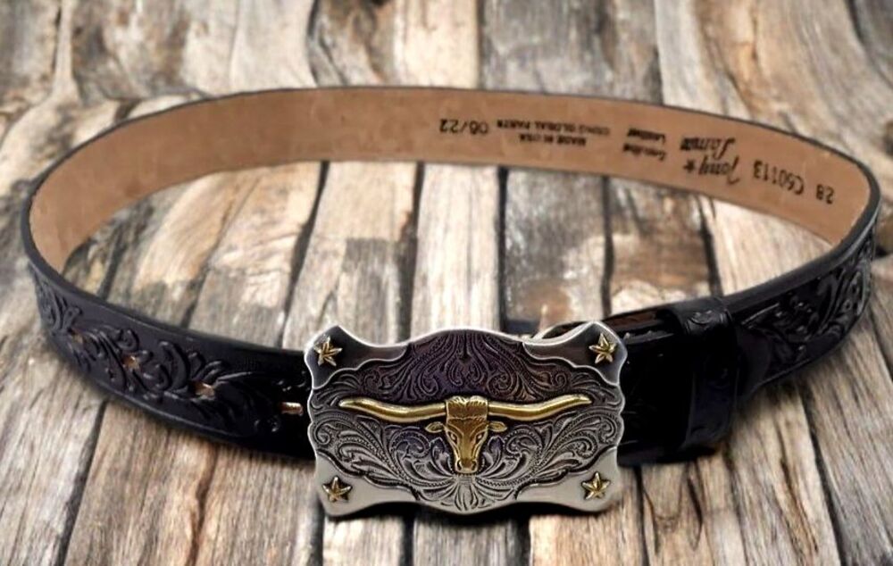 Tony Lama Tooled Black Leather Belt Silver & Gold Longhorn Buckle Sz 28 Unisex
